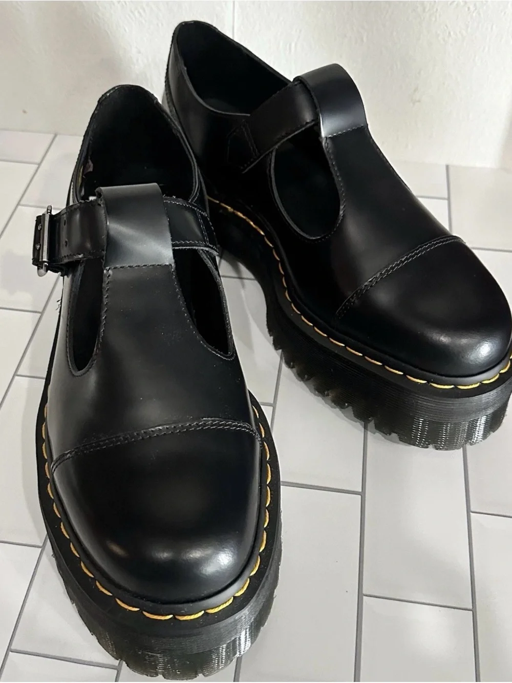Dr. Martens Bethan Quad Platform Mary Jane T Strap Black Smooth Women's US 8 NEW